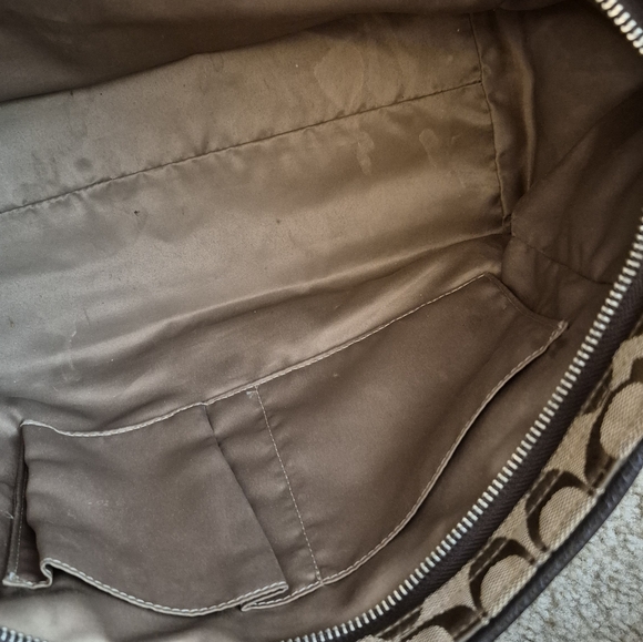 IN GOOD USED CONDITION.. Coach Tan Signature Canvas Tote with Brown Leather Trim - Picture 9 of 14